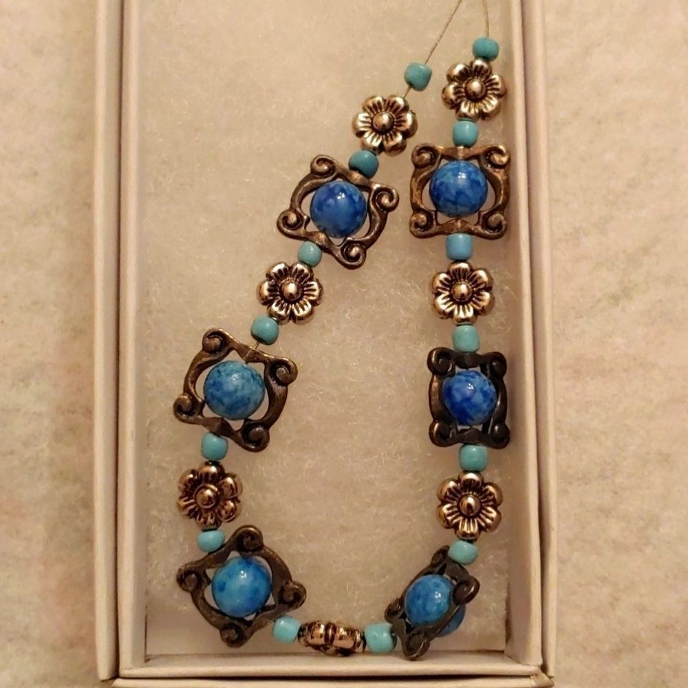 Handmade 18" Necklace Blue glass round bead metal frame seed bead flower spacer